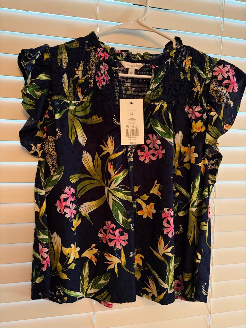 crown & ivy Navy Tropical Floral Ruffle Sleeve Blouse